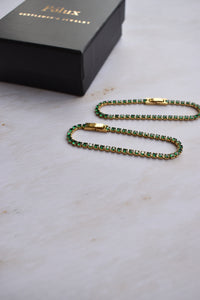 Set pulseras tejido tennis golden esmeralda para parejas