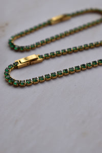 Set pulseras tejido tennis golden esmeralda para parejas