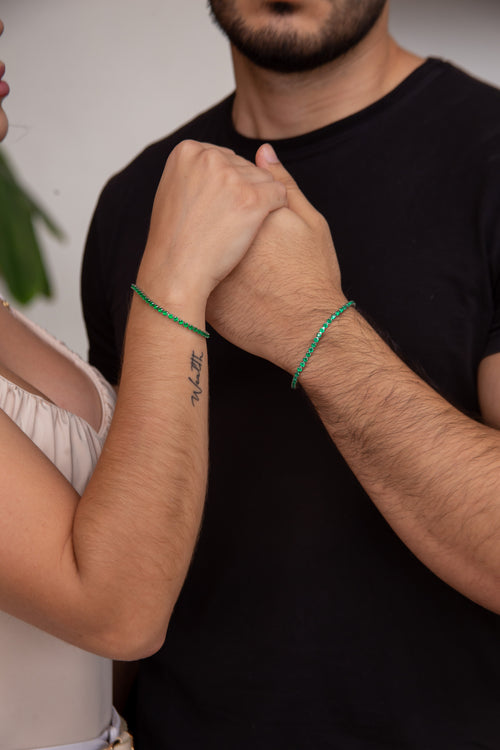 Set pulseras tejido tennis silver esmeralda para parejas