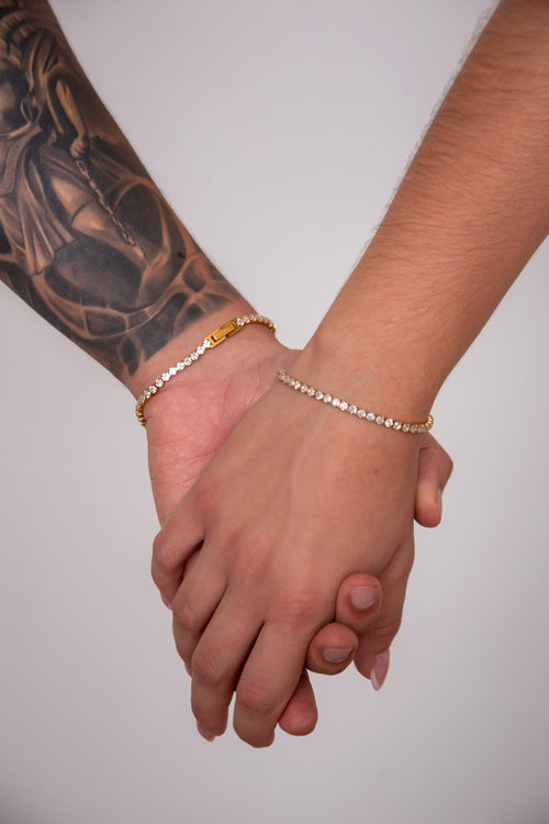 Set pulseras tejido tennis golden diamante para parejas