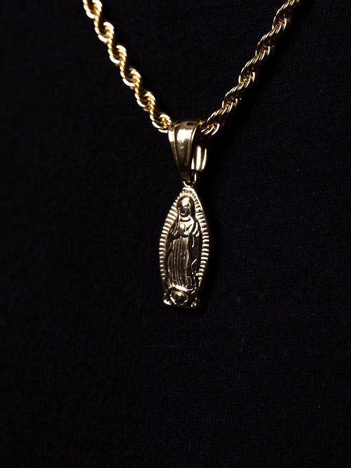 Cadena lazo 60 cms + Dije Virgen María de Guadalupe enchapada en oro 18K, para hombre, detalle del acabado