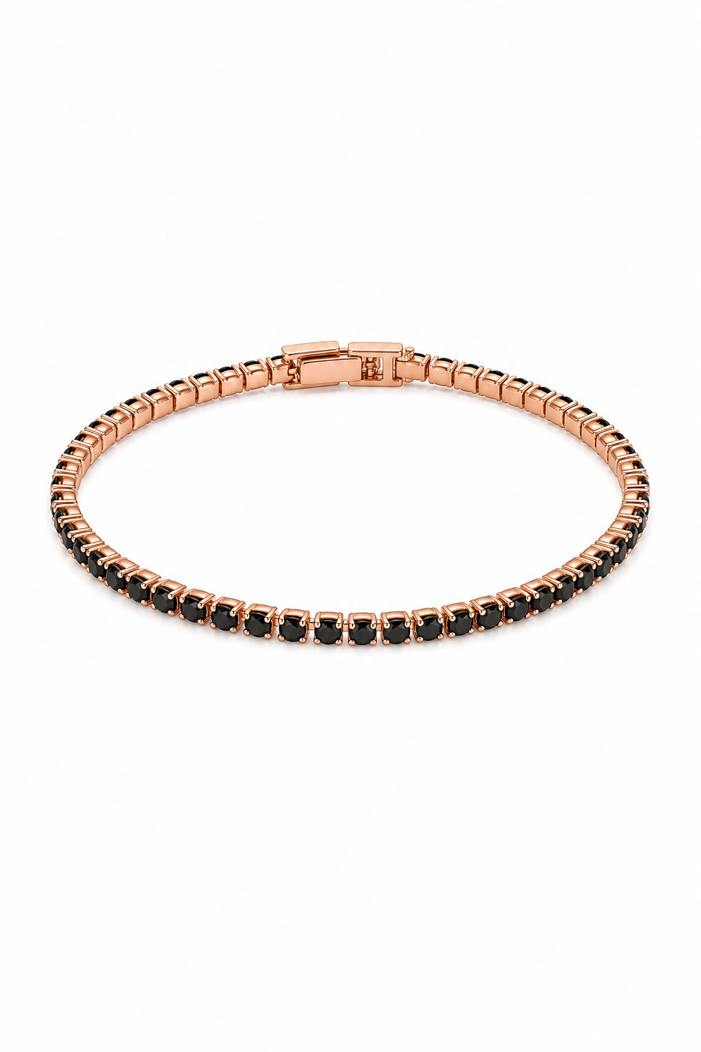 Pulsera tennis oro rosa circones negros tipo ónix fondo blanco