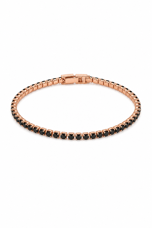 Pulsera tennis oro rosa circones negros tipo ónix fondo blanco