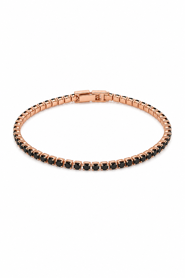 Pulsera tennis oro rosa circones negros tipo ónix fondo blanco
