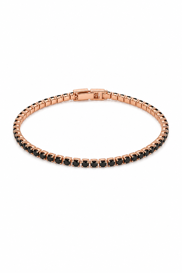 Pulsera tennis oro rosa circones negros tipo ónix fondo blanco