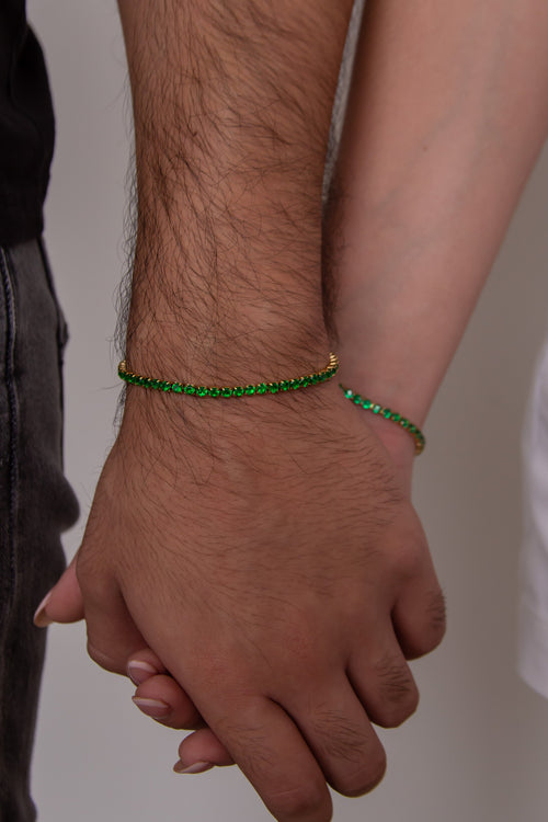 Set pulseras tejido tennis golden esmeralda para parejas