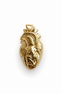 Dije de corazón anatómico en acero quirúrgico bañado en oro 18K, 3x1.5cm, relieve 3D con arterias y ventrículos — Pólux