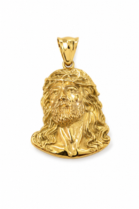 Dije rostro de Cristo en acero quirúrgico bañado en oro 18K, 3x1.5cm, relieve 3D con corona de espinas — Pólux