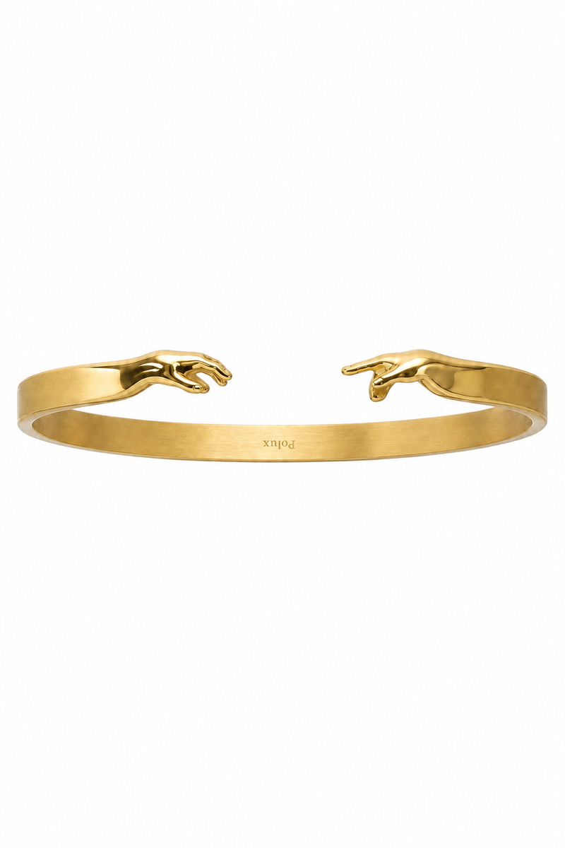 Pulsera La Creación de Adán hombre acero bañado oro 18K fondo blanco