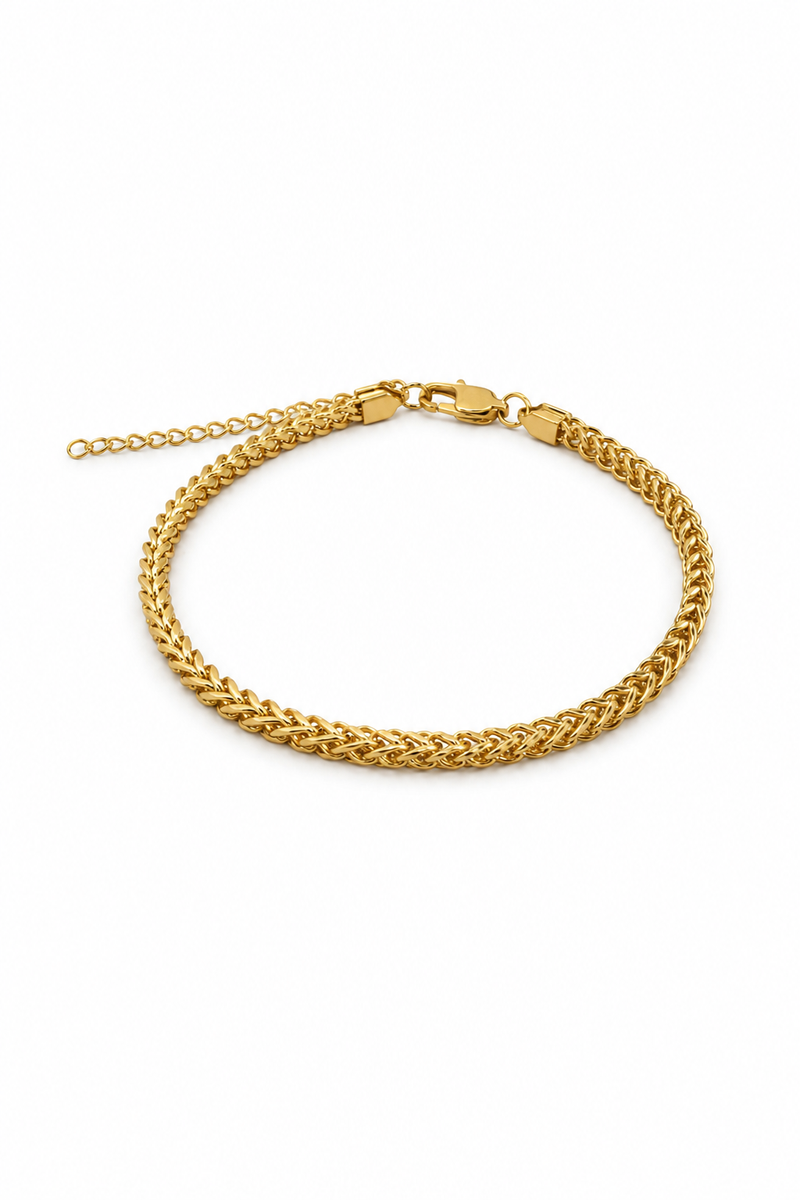 Pulsera de tejido franco enchapada en oro 18K de 3mm con broche langosta y extensión, sobre caja Pólux