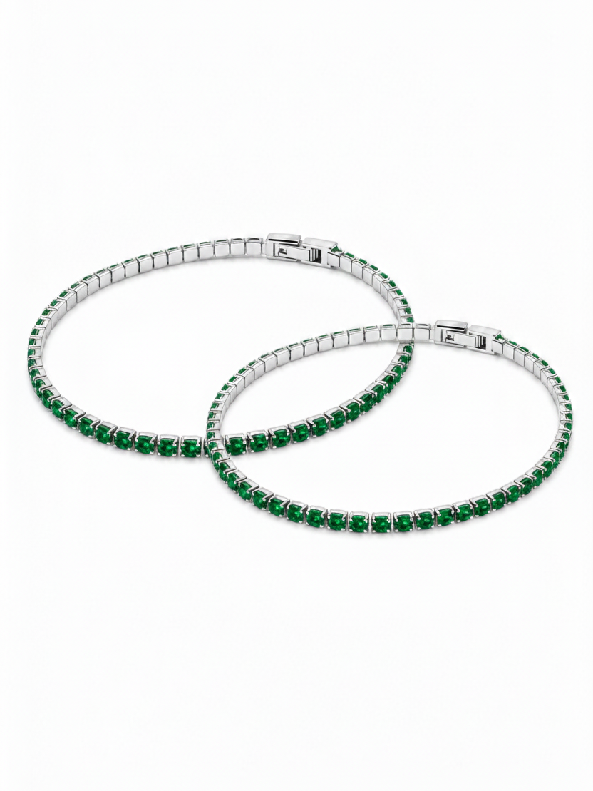 Set Pulseras Tennis Silver Esmeralda Parejas