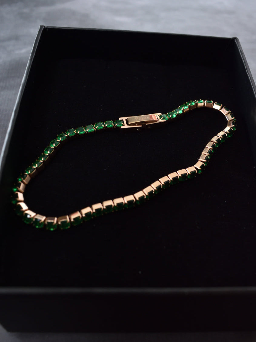 Pulsera tennis oro rosa circones verdes esmeralda acero quirúrgico
