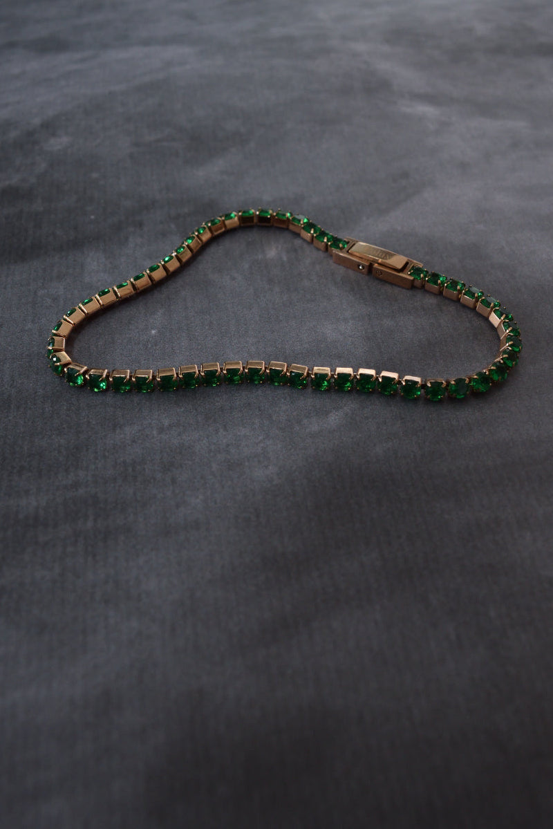 Pulsera tennis oro rosa circones verdes esmeralda acero quirúrgico