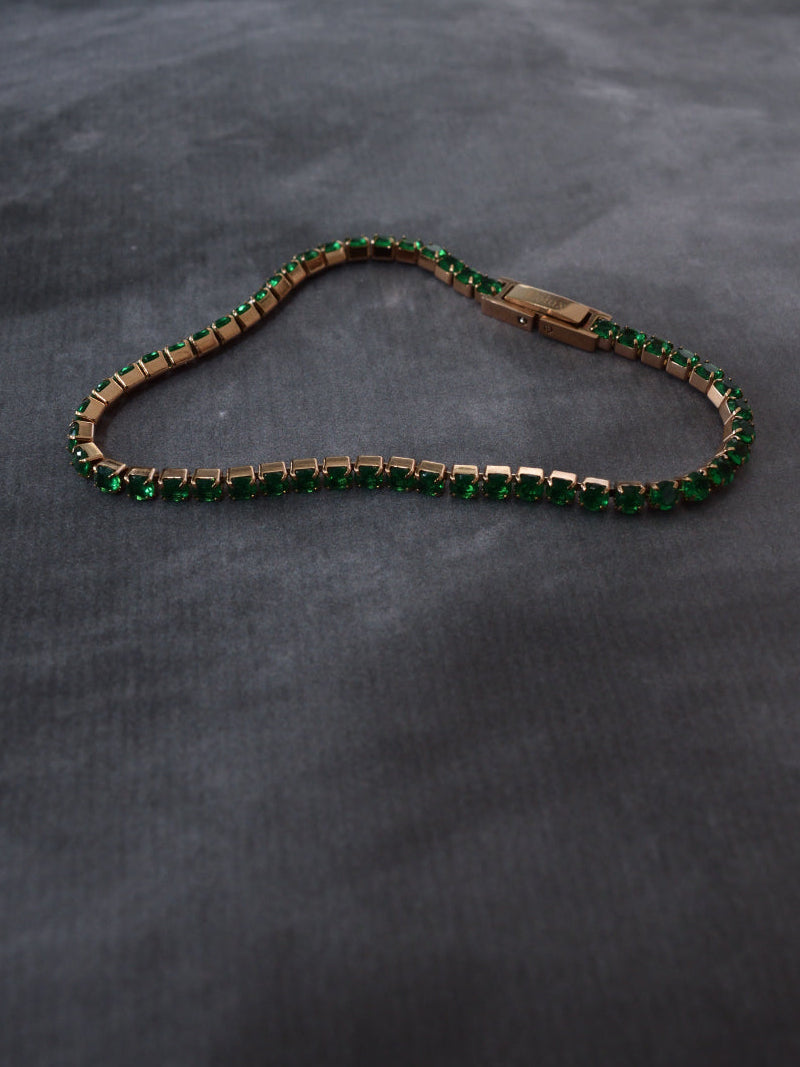 Pulsera tennis oro rosa circones verdes esmeralda acero quirúrgico