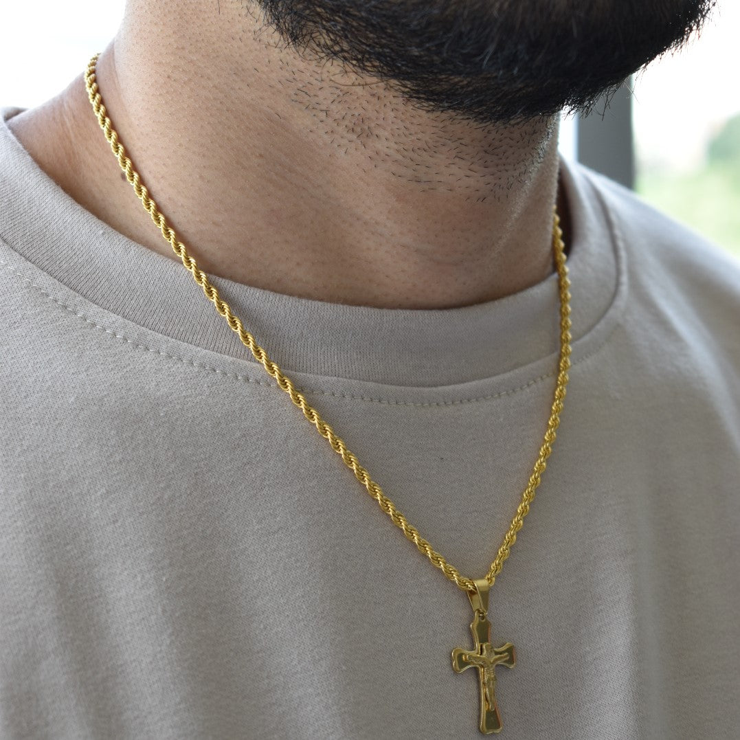 Cadena lazo + dije cristo| Enchape de oro 18k